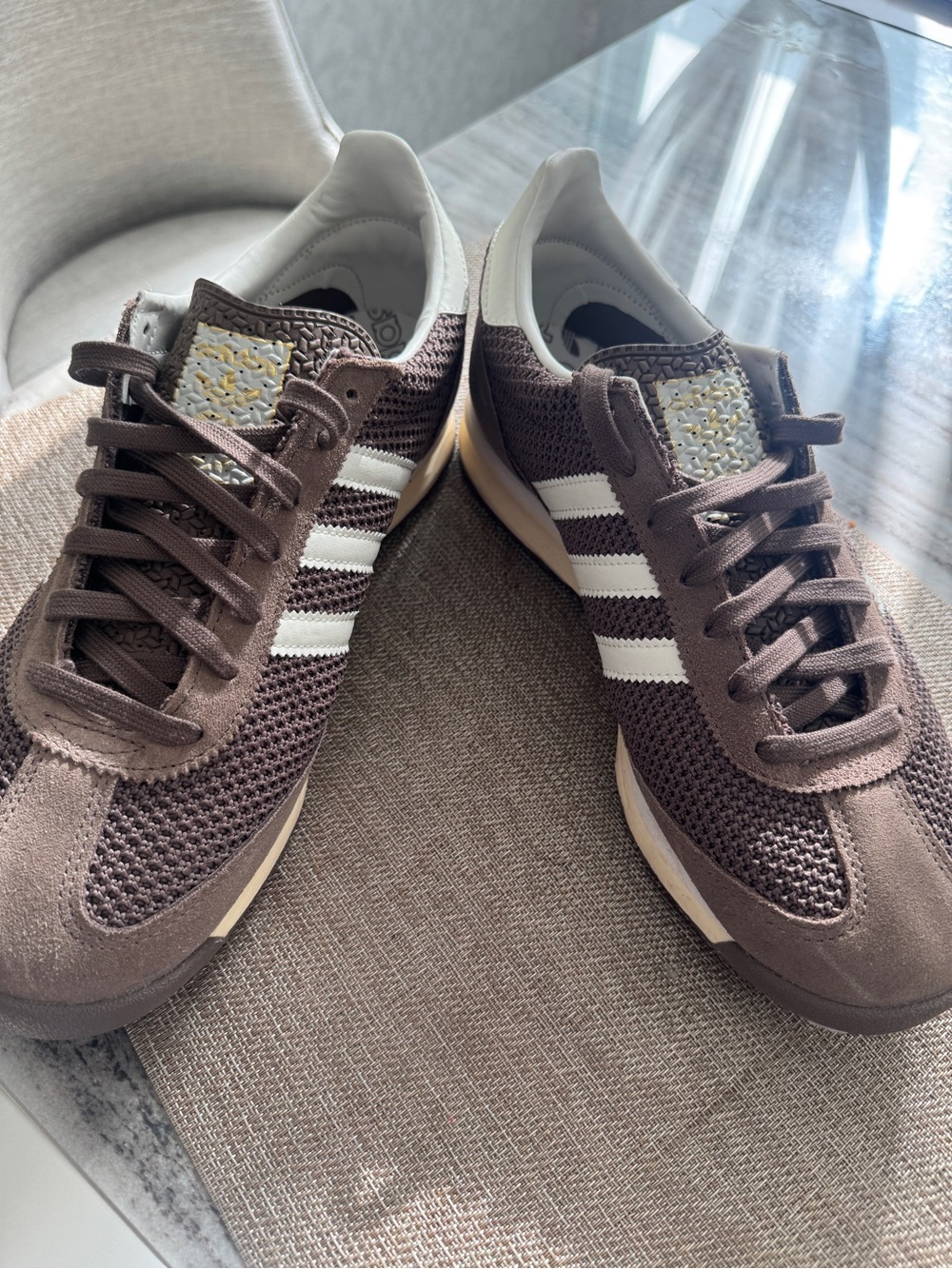 adidas Brown Knit Sneakers with White Stripes and Cream Accents
